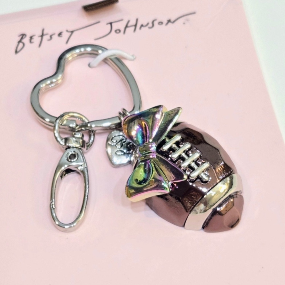 BETSEY JOHNSON Shiny Metallic Football with Pink Bow Bag Charm Keychain NEW NWT